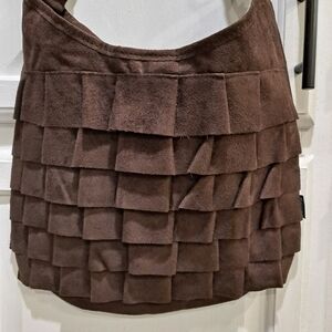 Murval Dark Brown Layered Ruffled Faux Suede Shoulder Hobo Bag